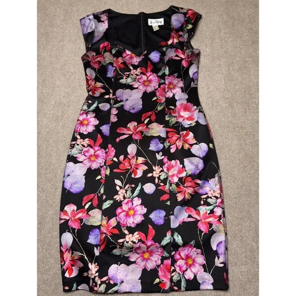 Joseph Ribkoff Floral Metallic Sheath Dress Size 10 Black Pink Purple - Picture 1 of 10
